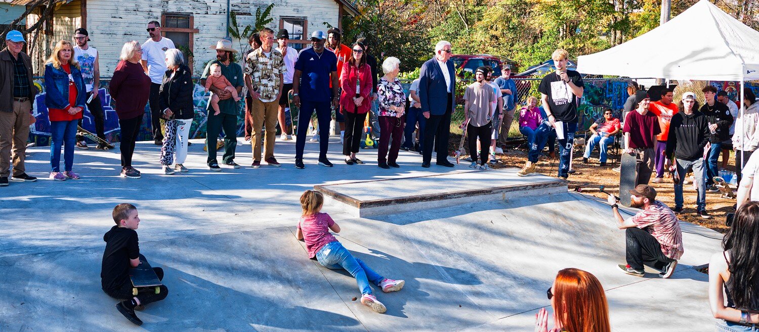 Representatives from the Meredith Foundation, the City of Mineola, designers, builders, skaters and more gathered for the inauguration of the newly renamed Iron Horse Skate Park. [see several skate shots]